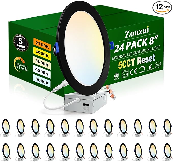 zouzai 24 Pack Black 8 inch 18W Eqv 150W 1685LM 5CCT Reset LED Recessed Ceiling Light with Junction Box, 2700K-5000K Selectable,Dimmable, led Ceiling Lights - ETL and Energy Star Certified