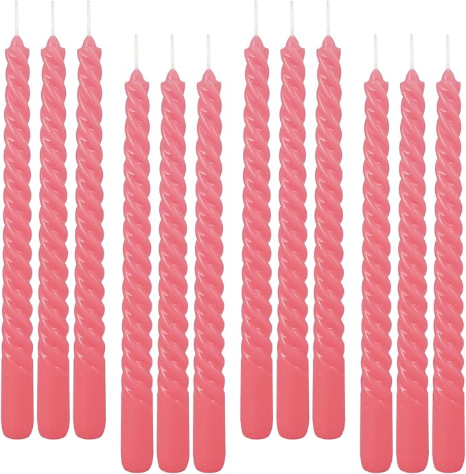 12-Pack Pink Spiral Taper Candles – 10 Inch Elegant Dripless & 10-Hour Burn – Long-Lasting Decorative Candles for Weddings, Birthdays, Parties, Church, Home Decor & Romantic Dinners