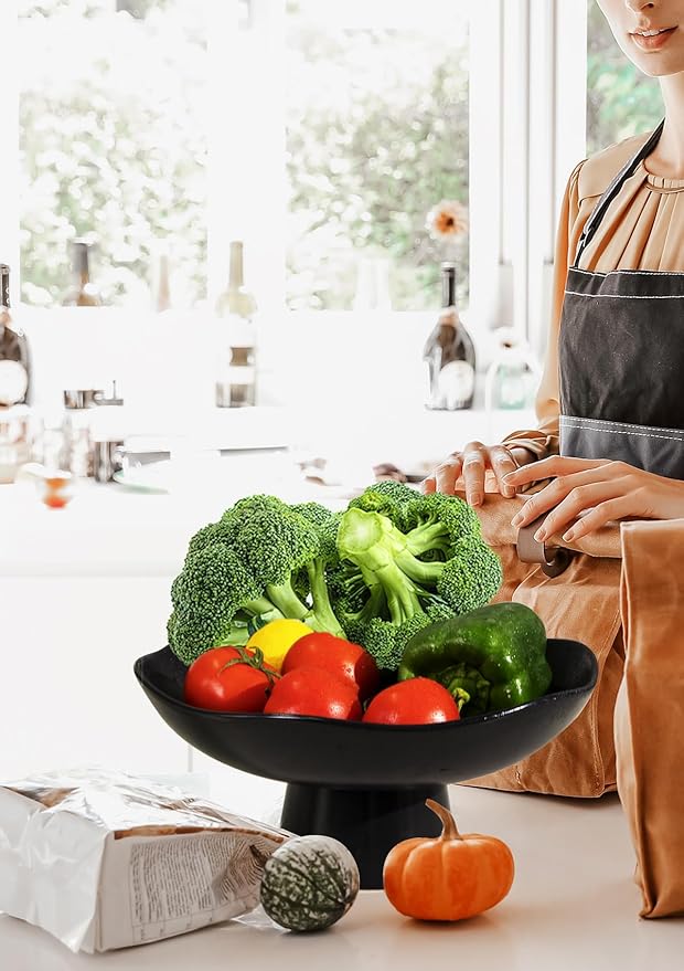 Nucookery Ceramic Fruit Bowl for Kitchen Counter, Modern Fruit and Bread Basket Stand, 10 inch Large Decorative Bowl for Home Kitchen Decor, Fruit & Vegetables Holder Storage, Matte Black