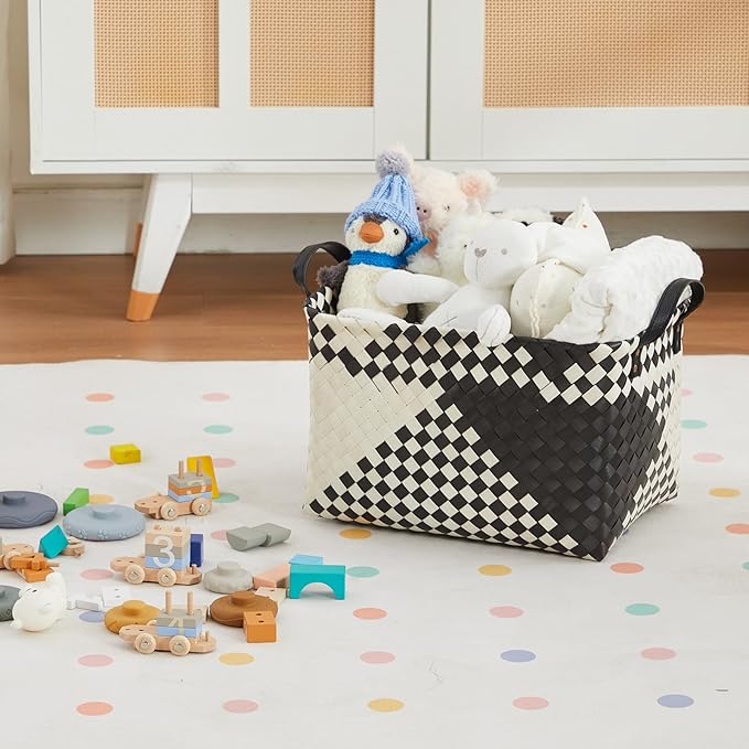 BROWNLILY Handwoven Clothes Basket Laundry Hampers Large Wicker Storage Baskets for Shelves Blankets Closet Storage Bins Car Bedroom Bathroom Organizers and Storage Bath (Pack of 4, Beige & Black)