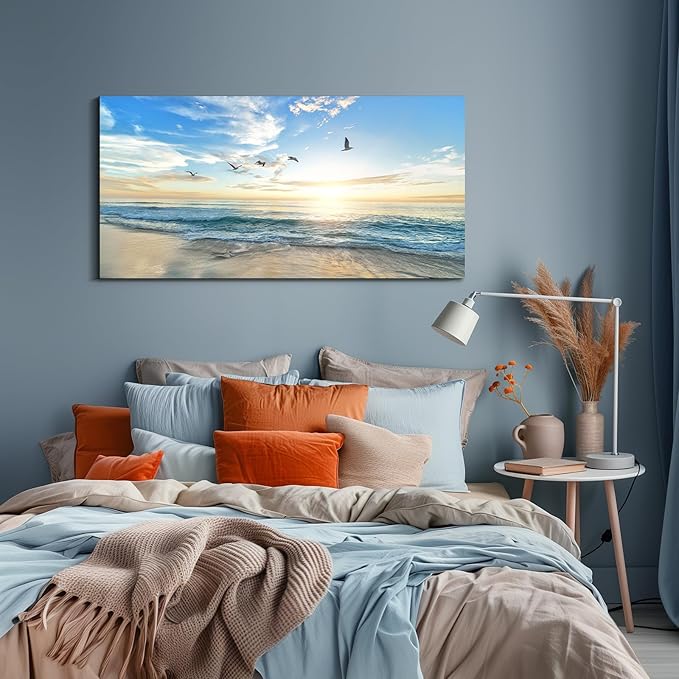Dimpoli Beach Ocean Canvas Wall Art, Ocean Seagull Birds Blue Natural Scene Artwork Decorations for Home Living Room Decor 48x24 Inches