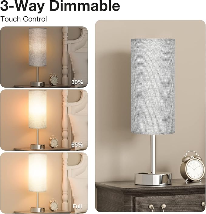 Grey Touch Nightstand Lamps for Girl - Small Bedside Lamp with USB-C and USB Charging Ports, 3 Way Dimmable Control Table Lamp for Living Room Office, Dorm, Reading with Fabric Shade Silver Base