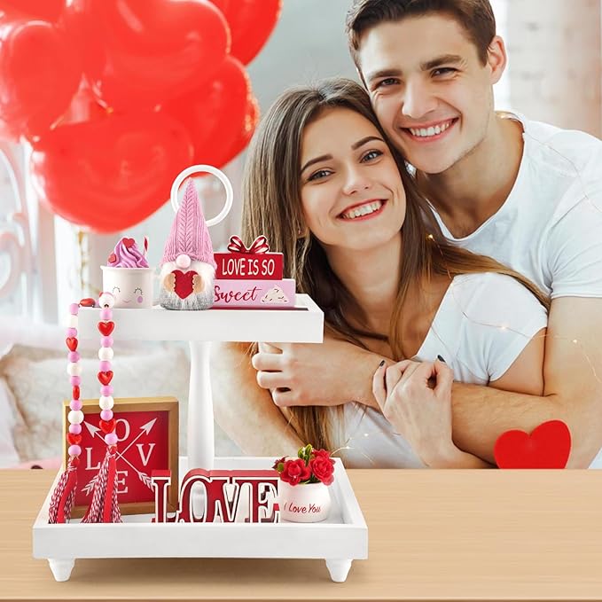 8 Pieces Valentine's Day Tiered Tray Decor, Valentine Home Table Tray Shelf Decor Gifts, Tray Objects Decoration Bundle Plush Gnome Ceramic Wood Sings Bead Garland Love Plaques Decorative Set