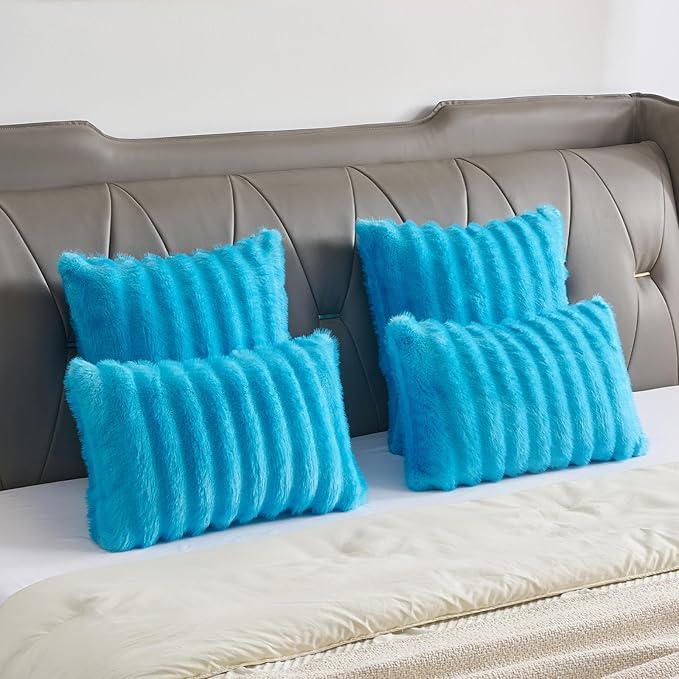 FUTEI Sky Blue Decorative Throw Pillow Covers 18x18 Inch Set of 2,Soft Fluffy Faux Mink Fur Dyeing Striped Textured Cushion Case,Modern Home Decor for Couch Bed Living Room