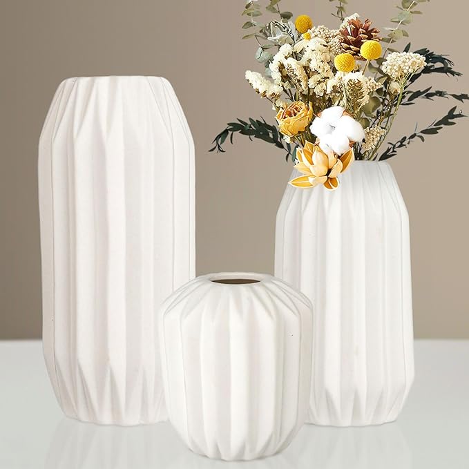 Ceramic Vase Set of 3, White Vase for Modern Home Decor, Decorative Vases for Bouquet Pampas Grass Dried Flowers, Living Room, Bedroom, Bathroom, Shelf Centerpiece Table Decorations