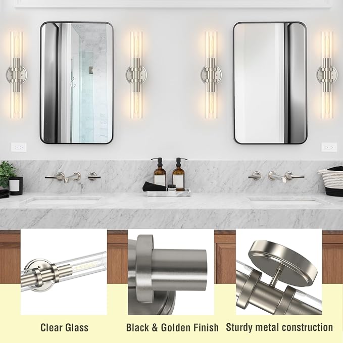 Espird Bathroom Light Fixtures 2-Light Brushed Nickle, Bathroom Vanity Lights Over Mirror, Wall Sconces, Industrial Lighting, Modern Brushed Nickle Vanity Lighting Fixtures w/Glass Shades