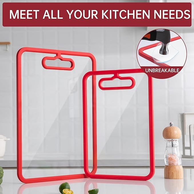 Tempered Glass Cutting Board for Kitchen Counter, Chopping Board with Non-Slip Edges, non toxic cutting board Set dishwasher safe, Heat & Shatter Resistant (Red 12.6"×8.6")