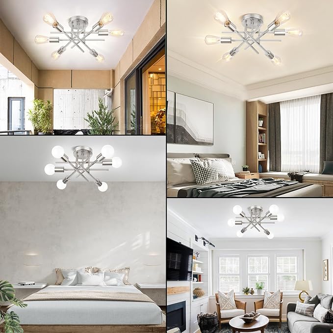 TOBUSA 6-Light Silver Semi Flush Mount Ceiling Light Fixture, Modern Industrial Brushed Nickle Sputnik Ceiling Light, E26 Close to Ceiling Light for Kitchen Bedroom Dining Room Living Room Hallway