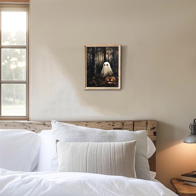 RETRART Vintage Halloween Ghost Wall Decor Pumpkin Head Wall Art Print 8x10 inch Horror Decor, for Bedroom, Kitchen Spooky Wall Decor, Moody Fall Forest Gallery Style Canvas Picture -Unframed