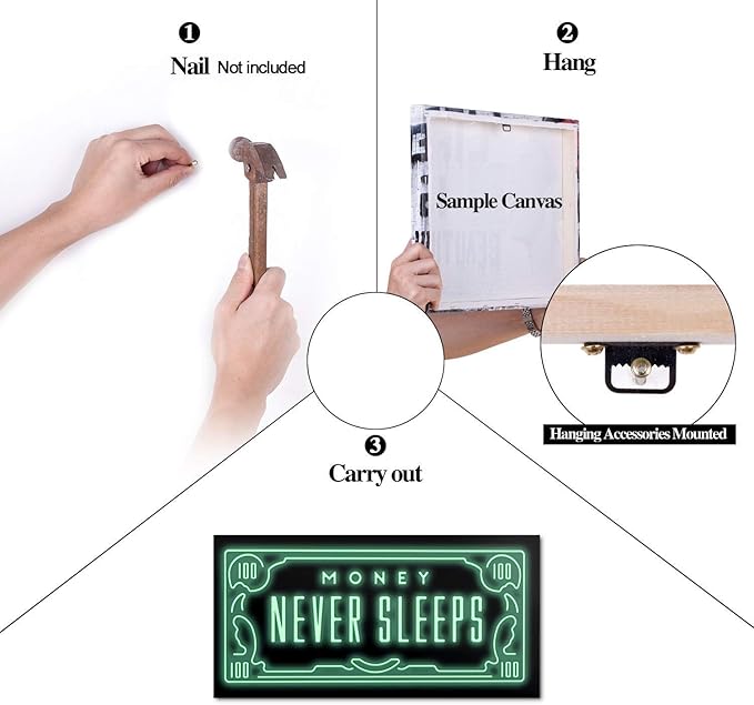 Framed Inspirational Office Wall Art, Money Posters Green 100 Dollar Artwork Money Never Sleeps Quote Wall Decor Motivational Picture for Modern Home Workplace Decorations - 32 x 16 in