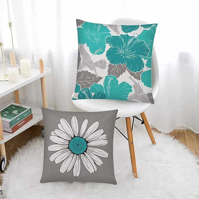 COMMINY Teal Grey Pillow Covers 16x16 Set of 6 Decorative Daisy Flower Throw Pillow Cover for Couch Modern Turquoise Pillow Case for Patio Living Room Cushion Bed Farmhouse Home Decor