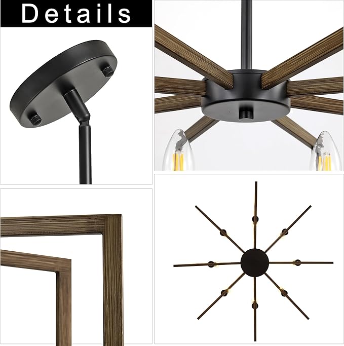 8-Light Metal Geometric Chandelier,Large Kitchen Pendant Lighting Over Island,Farmhouse Dining Room Light Fixture,Wood Grain Finish and Black Modern Chandelier