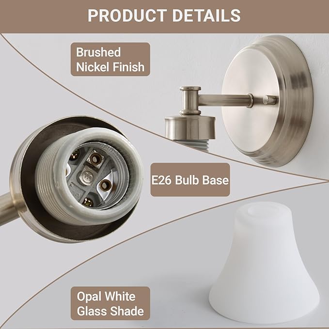 LOUSACE 2 Pack 1-Light Brushed Nickel Bathroom Lighting Fixtures Vintage Bathroom Vanity Lights with Opal White Glass, Set of 2 Single Vanity Wall Sconces for Side Mirror Cabinet Stairs Living Room