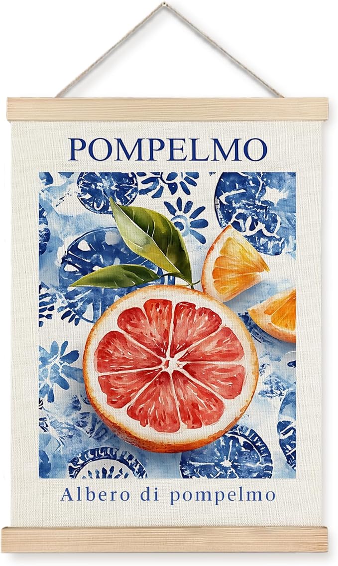 Yomisex Italian Amalfi Coast Grapefruit Wall Art Poster, Italian Kitchen Decor, Blue and White Mediterranean Tiles Pompelmo Fruit Wall Art Framed for Kitchen Dining Room Home Decor, 12x16 Inch