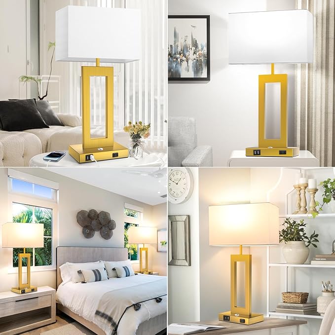 3 Way Dimmable Table Lamps for Bedrooms Set of 2, 27.2ββ Super Tall Modern Gold Lamps for Living Room Nightstand End Tables, Button Touch Control Bedside Lamps with 2 USB Ports, E26 Bulbs Included