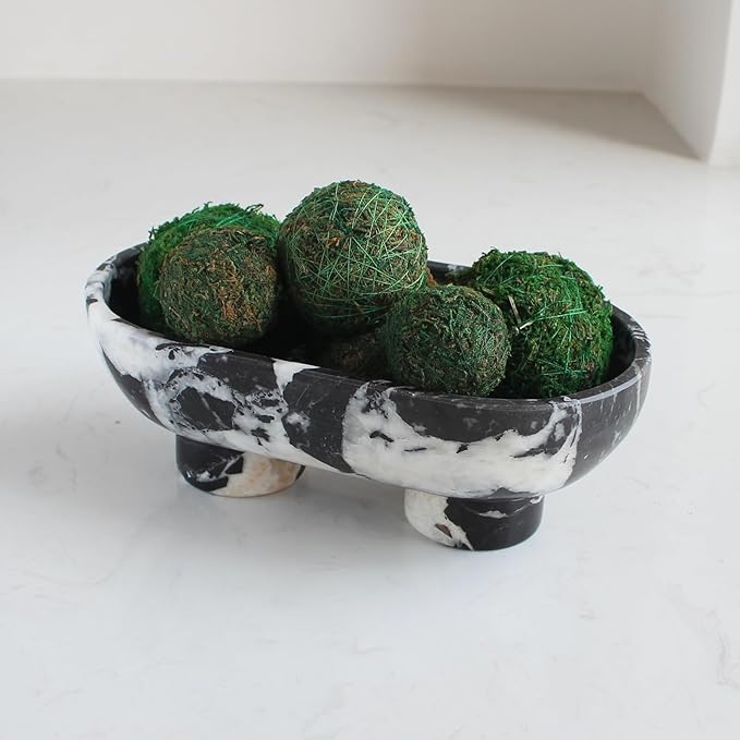 Natural Oval Calacatta Black Marble Fruit Bowl for Kitchen Counter 10", Large Decorative Bowl Two-Legs for Home Decor, Fruits Holder For Dining Table - Kitchen Organization