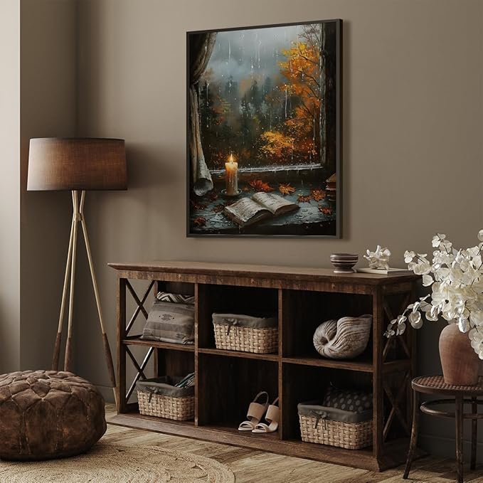 Fall Canvas Wall Art Cozy Bookish Posters Autumn Pictures Prints Moody Dark Cottagecore Academia Art Room Living Wall Decor 8x12inch black framed