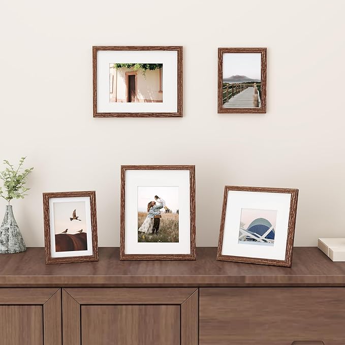 5x7 Picture Frame, Solid Oak Wood 5 x 7 Frame with Plexiglass, 5 by 7 Photo Frame for Wall & Tabletop Display, 5x7 Picture Frame Matted to 4x6, Walnut Color, 3 Pack