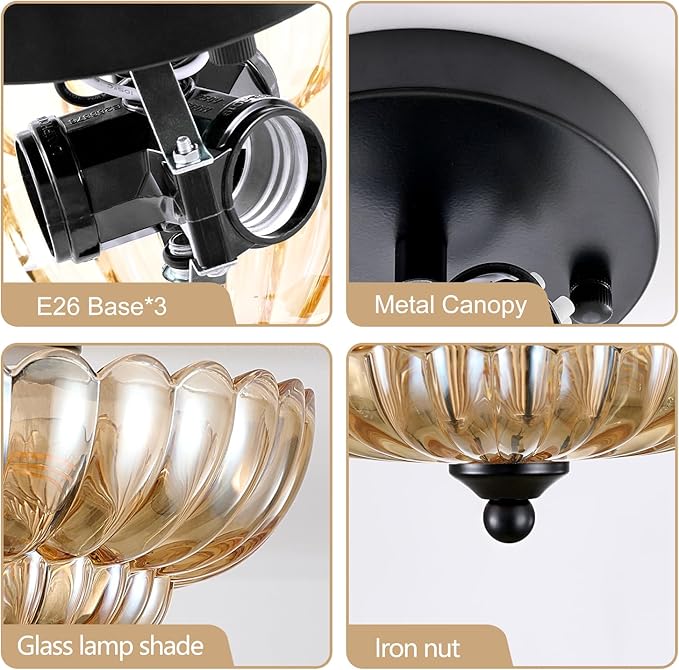 Modern Black Ceiling Light Fixture, 12" Amber Glass Flush Mount Chandeliers, Semi Flush Mount Ceiling Light Fixture Suitable for Living Room Hallway Kitchen Bedroom