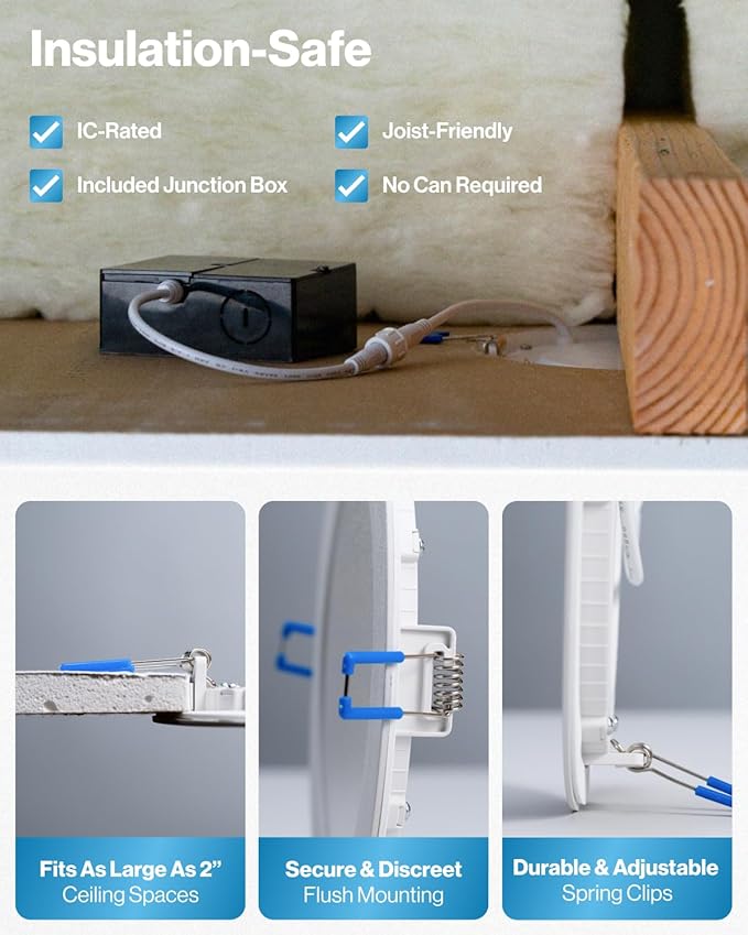 Sunco 6 Pack 8 Inch Ultra Thin LED Recessed Canless Smooth Trim Wafer Thin Indoor Ceiling Lights Slim Selectable 2700K/3000K/4000K/5000K/6000K Dimmable 18W 1350 Lumens with Junction Box