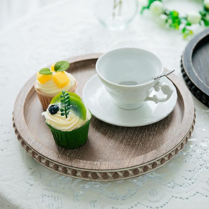 HPC Decor 12in Round Gray Wood Beaded Tray - Decorative Living Room, Coffee Table, Kitchen Table, Dining Room or Farmhouse Serving Tray