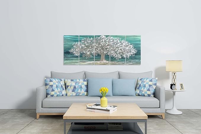 Yihui Arts Tree Of Life Metal Wall Art Handcrafted Aluminum Artwork Teal and Silver Abstract Nature Pictures in 5 Pieces for Living Room Bedroom Bathroom Decor