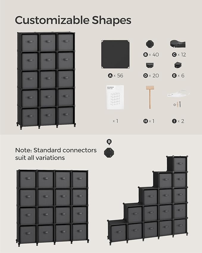 SONGMICS Cube Storage Organizer with Storage Boxes, Set of 16-Cube Organizer, 16 Collapsible Non-Woven Fabric Bins, Customizable, Bedroom, Living Room, Ink Black and Dove Gray ULPC162B01