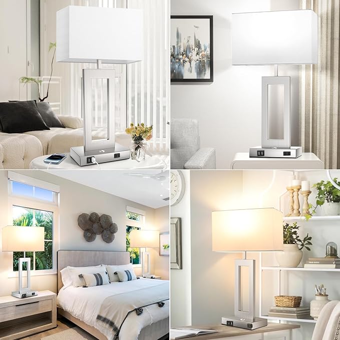 3 Way Dimmable Table Lamps for Bedrooms Set of 2, 27.2ββ Tall Modern Silver Lamps for Living Room Nightstand, Touch Control Bedside Lamps with 2 USB Ports&AC Outlet, Stepless Dimming, Bulbs Covered
