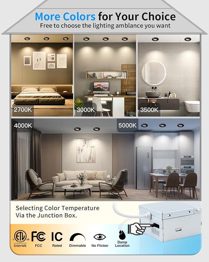 Adetu 3 Inch 5CCT Gimbal Black Led Recessed Lighting with Junction Box, 2700K/3000K/3500K/4000K/5000K, 7W Eqv 80W, 360°+90° Adjustable Led Recessed Lights, 798LM Brightness - ETL (Black, 6 Pack)