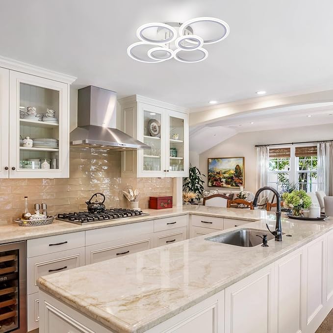 Modern LED Ceiling Light, White 6 Rings Flush Mount Ceiling Light, 4000K Lighting Fixture Ceiling Lamp for Kitchen, Bedroom, Living Room, Laundry Room