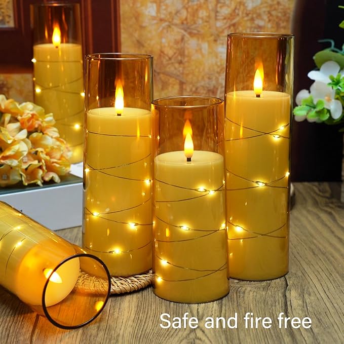Flameless LED Candles with Timer 9 Pc Flickering Flameless Candles for Romantic Ambiance and Home Decoration Stable Acrylic Shell,with Embedded Star String,Battery Operated Candles(Gold)