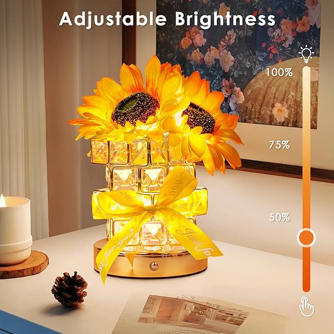 Sunflower Flower Table Lamp Gifts: Mothers Day Birthday Gifts for Women Mom Grandma Sister, Rechargeable Battery Powered Cordless Touch Small Crystal Night Light, Kitchen Bedroom Office Decor