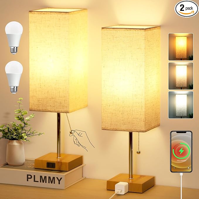 Table Lamp for Bedroom Set of 2, Bedside Lamps with 3 Color Temperatures Night Light, Lamp for Night Stands with AC Outlet and Square Shade, Pull Chain Small Desk Lamp for Living Room Home Decor