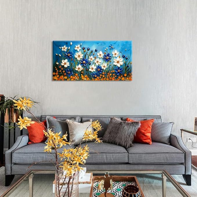 ZESTFLICKR Daisy Canvas Wall Art Daisies Flower Oil Painting Print Modern Floral Canvas Painting Artwork Nature Painting for Living Room Bedroom Home Office Kitchen Decoration (23x46 inches)