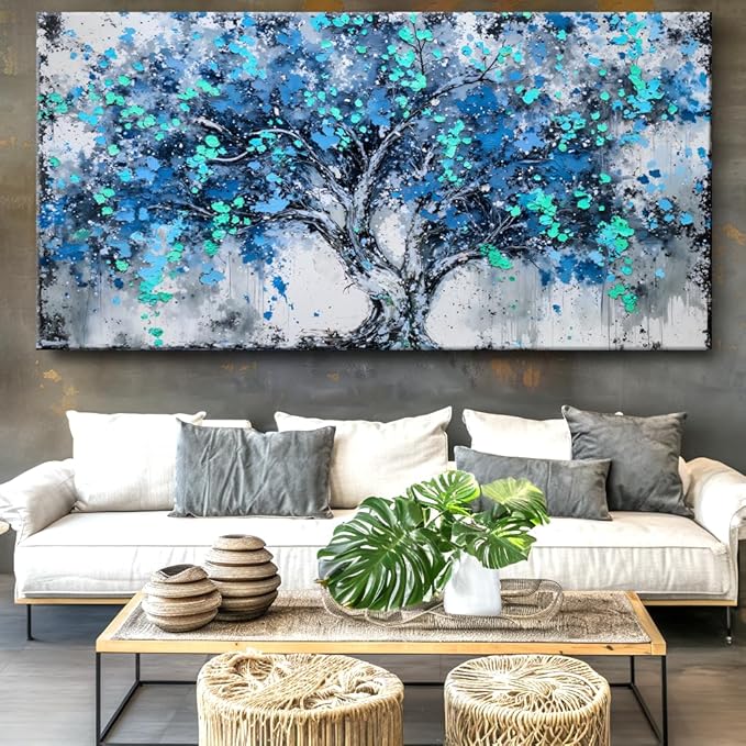 Tree Wall Art Teal Blue Nature Tree of Life Abstract Canvas Painting Textured Picture, Modern Landscape Artwork Framed for Living Room Bedroom Bathroom Office Home Decor 58x28in