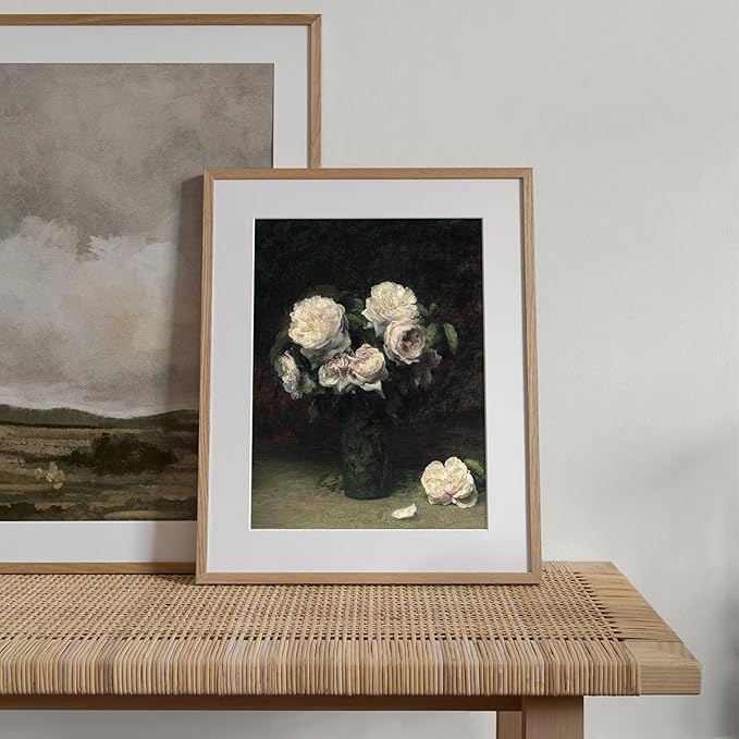 RETRART Vintage Wall Art, Dark Flower Art Print - Vintage Flower Pictures Decor Aesthetic - 8" x 10" Unframed Canvas Prints for Bedroom Living Room Bathroom Roses in a Glass