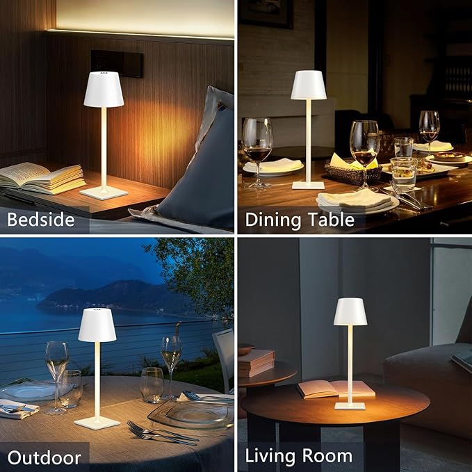 Cordless Table Lamp Rechargeable Lamps: 6000mAh Battery Operated Table Lamp Outdoor Waterproof, Touch Control, Portable Wireless Desk Lamp for Dinner/Bedroom/Restaurant ๏ผWhite2 Pack
