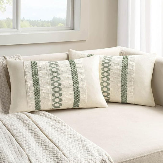 MIULEE Set of 2 Sage Green Boho Decorative Lumbar Pillow Covers 12x24 Inch Farmhouse Rustic Couch Throw Pillows Modern Summer Cushion Covers Retro Cute Macrame Woven Home Decor for Bed Sofa Chair