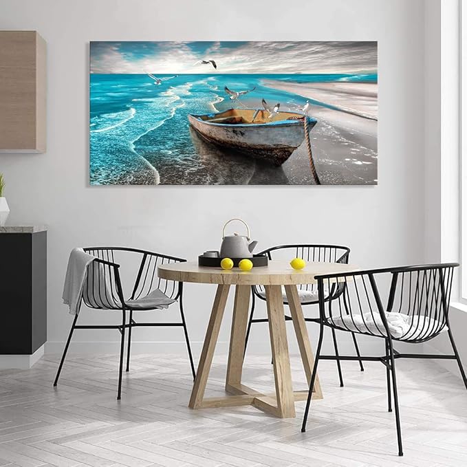Beach Picture Canvas Wall Art Prints Black and White Waves Seascape Paintigns Home Decor Boat Seagulls Ocean Landscape for Living Room Bedroom Bathroom Decoration Natural Scenery Artwork 20x40inches