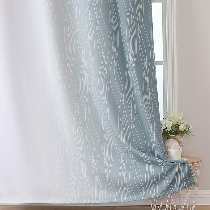 Estelar Textiler Stone Blue and Greyish White Blackout Curtains 45 Inch Length 2 Panels, Light Blocking Gradient Drapes for Kitchen, Thermal Insulated Grommet Ombre Curtains for Bathroom,52Wx45L