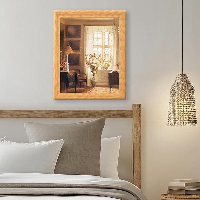 Brivoria Framed Canvas Wall Art Vintage Decor, Realistic Scandinavian Interior with Sunlit Window, Chair, Greenery and Autumn Light for Hallway Reading Nook Bathroom or Cozy Nature Display, 13"x16"