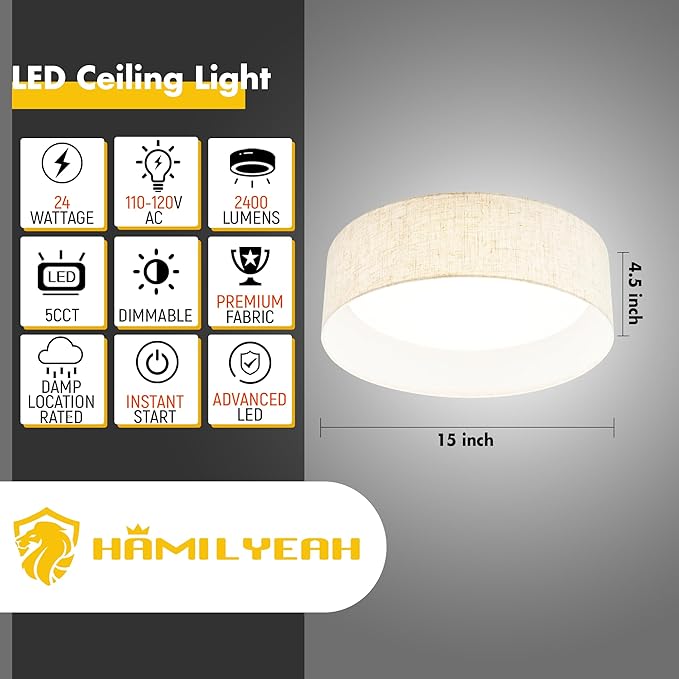 Hamilyeah 15 inch Ceiling Light Flush Mount Set of 2, LED Kitchen Lighting Fixture Ceiling Mount with Fabric Shade, 5CCT Drum Ceiling Light Fixture Overhead for Living Room, Kitchen, Bedroom, Hallway