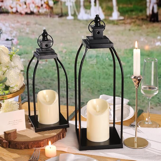 Modern Farmhouse Lantern Decor Outdoor & Indoor- 17'' 14'' Black Metal Candle Lanterns for Christmas, Lanterns Decorative with 2 Flameless Candles for Porch,Patio,Home,Fireplace Mantle Decor