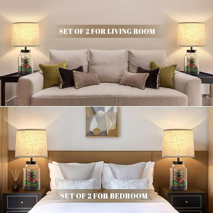 GyroVu Table Lamp Set, Fillable Table Lamp with Clear Glass Nightstand Lamp Set of 2 Beside Lamp for Living Room Bedrooms Office Bulbs Included(Oat Lampshade)