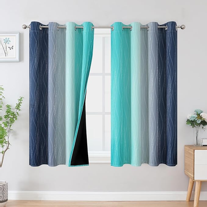Estelar Textiler Navy Blue and Teal Blackout Curtains 45 Inch Length, Full Light Blocking Gradient Drapes for Kitchen, Thermal Insulated Grommet Ombre Curtains for Bathroom,52Wx45L,2 Panels