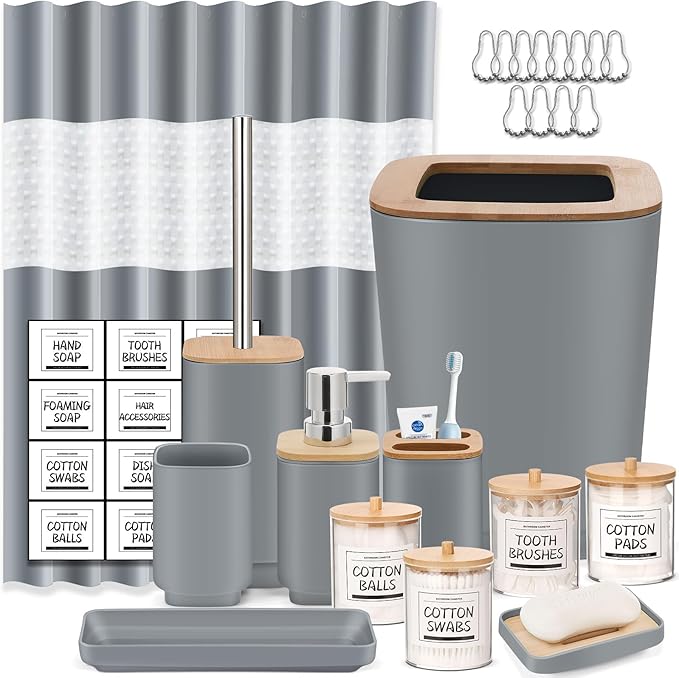 Bathroom Accessories Set,Grey Bathroom Set,24 Pieces Bathroom Accessory Set with Shower Curtain,Trash Can for Bathroom Accessories Décor and Home Gifts
