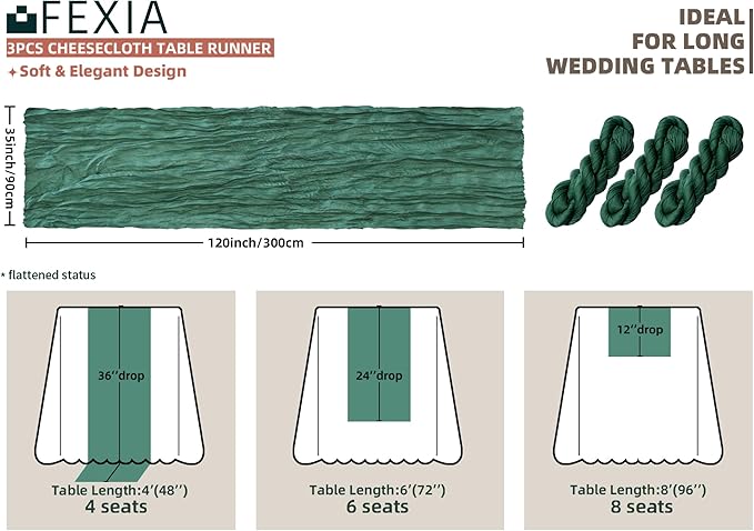 FEXIA 3 Pack Emerald Green Christmas Cheesecloth Table Runner 35x120 Inches for Baby Shower Decoration Gauze Rustic Table Runner Wedding Party Engagement Bridal Shower Decoration