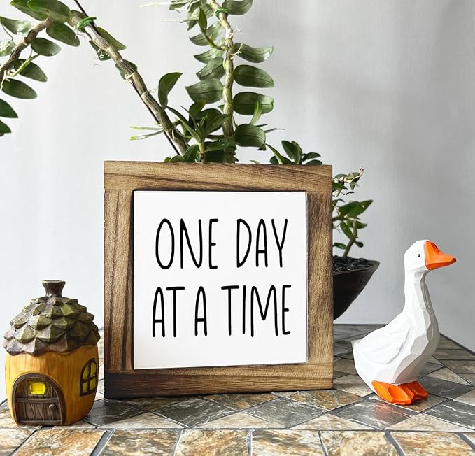 Inspirational Wood Sign, Box Wood Plaques Desk Décor, Table Art Signs, Decorative Wood Plaque, Rustic Home Sign, Farmhouse Decorations for Shelf, Office Decor Sign, One Day at A Time Sign