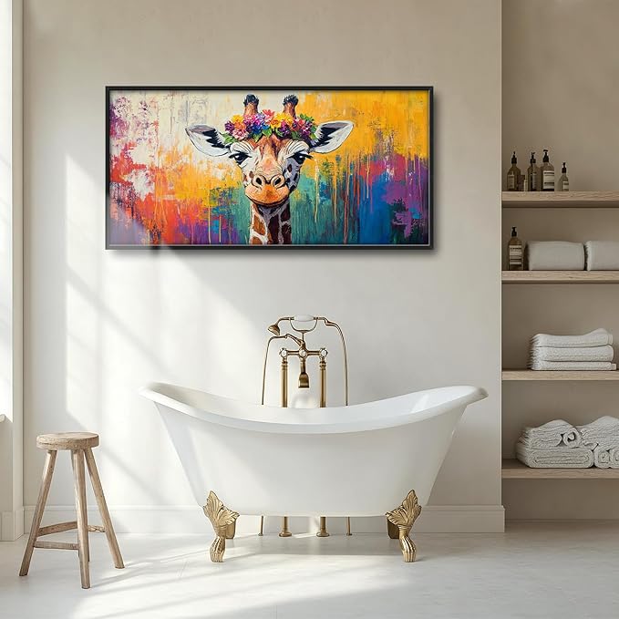 Framed Large Wall Art for Living Room, Banksy Deer Canvas Wall Decor, Large Giraffe Picture Framed Painting, Modern Artwork for Bedroom Office 60L'' × 30W''