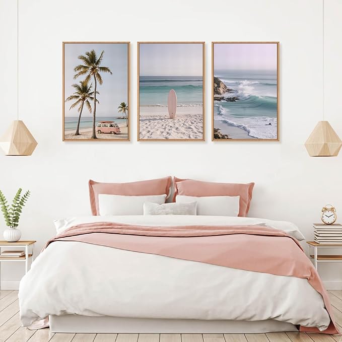 HPINUB Beach Seascape Framed Canvas Wall Art Set,Palm Tree Surfboard Nature Wall Decor,Modern Coastal Landscape Artwork Relax Summer Ocean Art Print for Living Room,Bedroom,Bathroom Decor-24 x36 x3